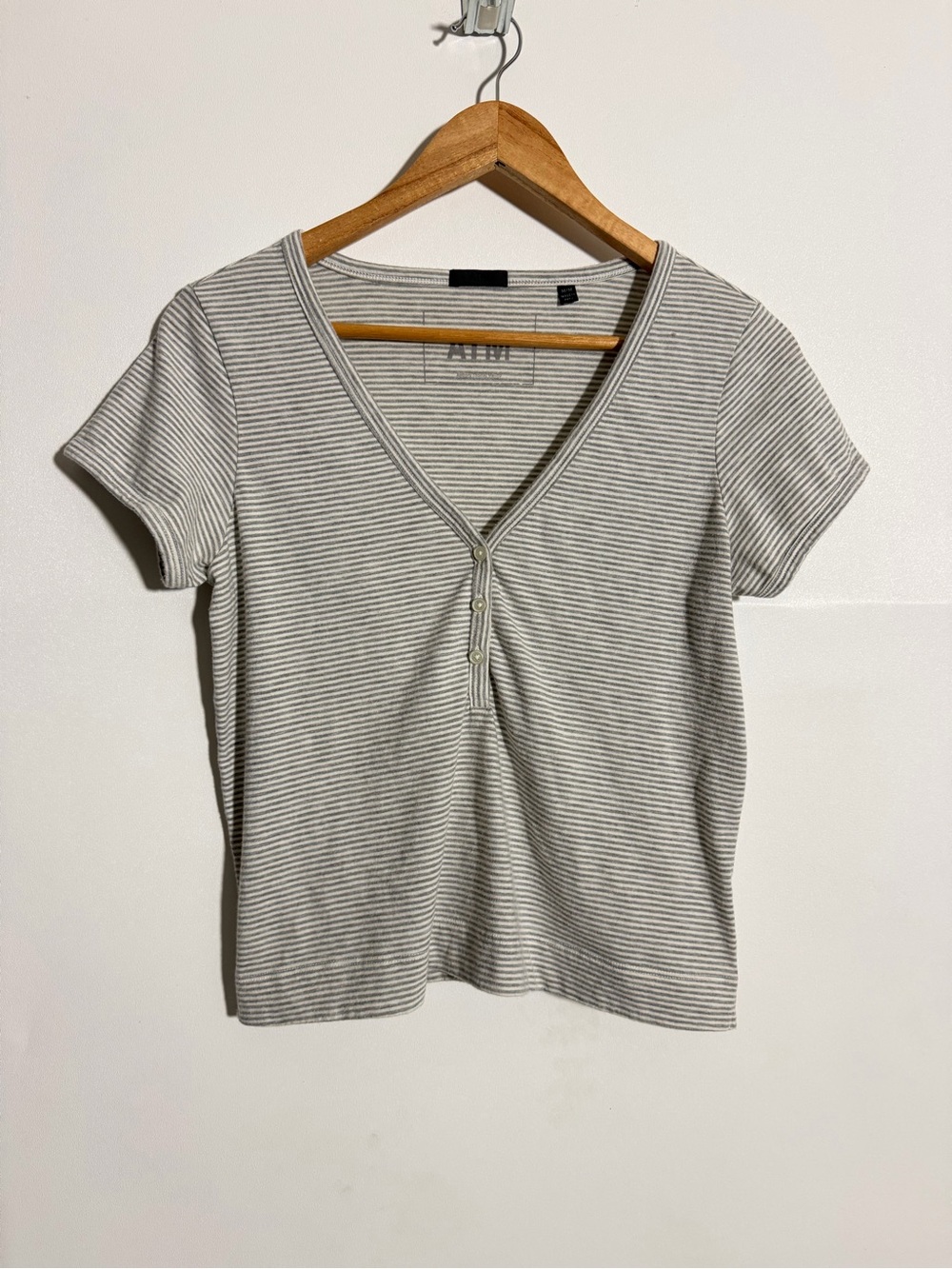 ATM Anthony Thomas Melillo Henley Shirt Medium Gray Striped Short Sleeve Top
